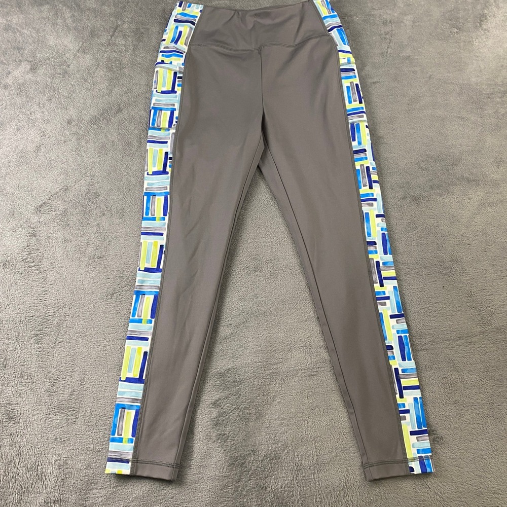 T by Talbots Leggings Womens M Grey Blue Yellow Geometric Side Stripe Pockets